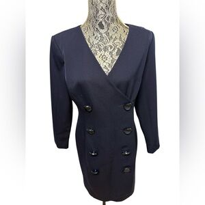 Nipon Boutique Vintage 12 Blue Wool Long Sleeve Dress Classic